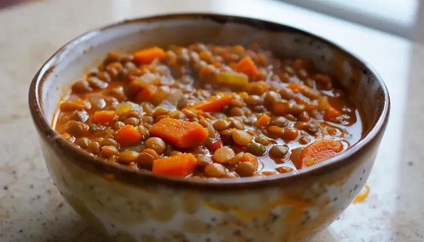 En skål med mustig linsgryta med morötter, perfekt för ett enkelt linsgryta recept.