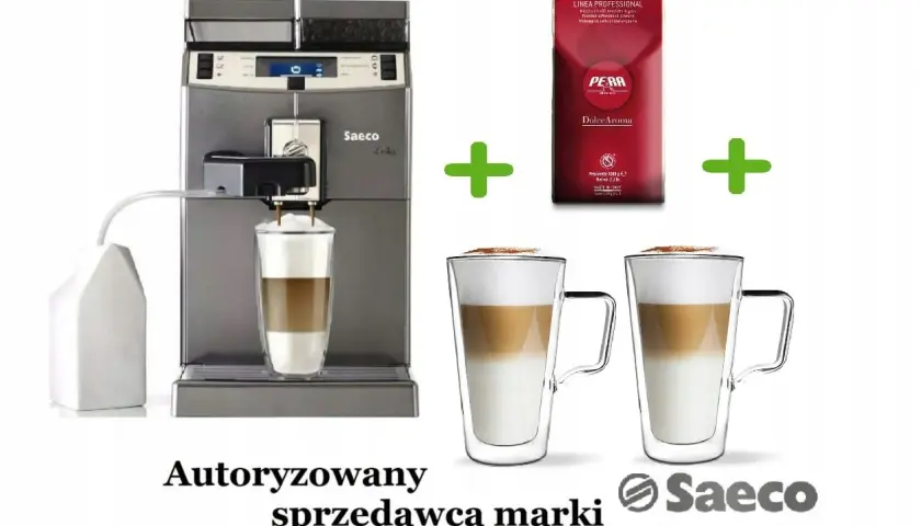 Ekspres Saeco Lirika z akcesoriami, idealny do przygotowania kawy. Pamiętaj o regularnym odkamienianiu dla najlepszych rezultatów.