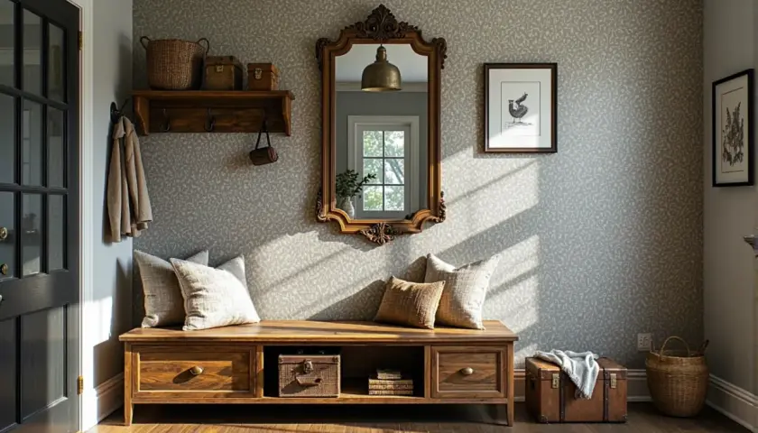 Przytulny salon w stylu vintage. Drewniana ławka, ozdobne lustro i pleciony kosz tworzą ciepłą atmosferę.