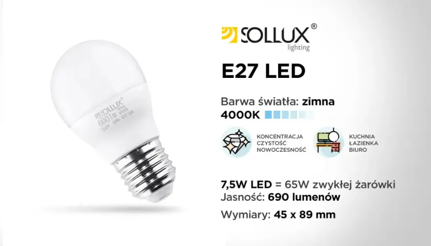 Żarówka LED E27 Sollux 7,5W, zimna barwa 4000K. To nowoczesne oświetlenie, które zastąpi żarówkę halogenową 65W.