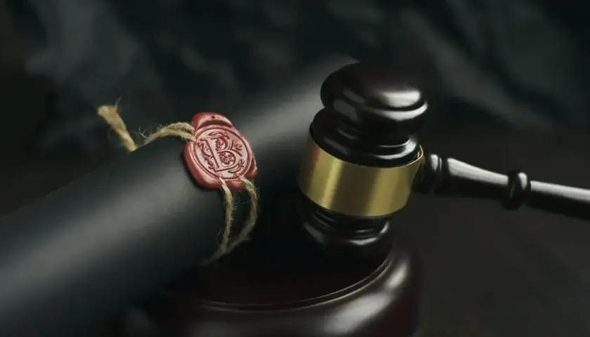 Sądowy młotek i zapieczętowany dokument, symbolizujące formalności związane ze spadkiem po zmarłym.
