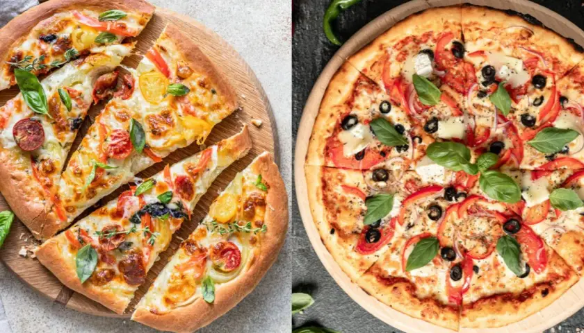 Dwie pyszne pizze, jedna z pomidorkami i ziołami, druga z papryką i oliwkami. Czy to pinsa? Tak, obie wyglądają jak pyszna pinsa!