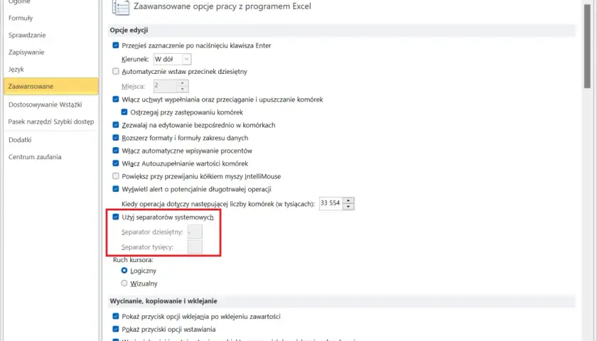 Ustawienia Excela: jak zamienić kropkę na przecinek. Zaznacz "Użyj separatorów systemowych", by zmienić format liczb.