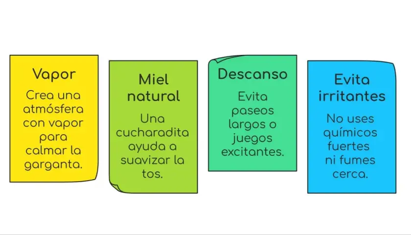Consejos para aliviar la tos: vapor, miel natural, descanso y evitar irritantes.