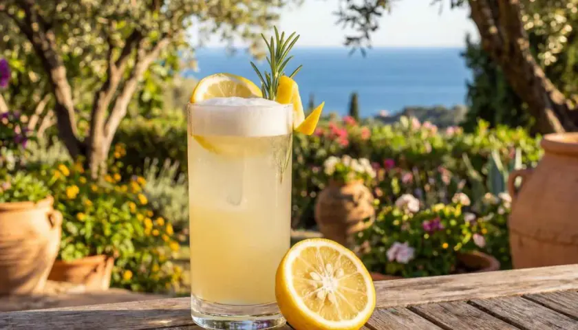 En uppfriskande yuzu drink med citronskiva och rosmarin, serverad utomhus med havet i bakgrunden.