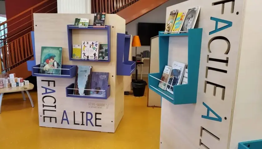 Étagères de livres bleues et turquoises sur des présentoirs en bois avec l'inscription "FACILE À LIRE". Un barrage défensif de livres pour tous.