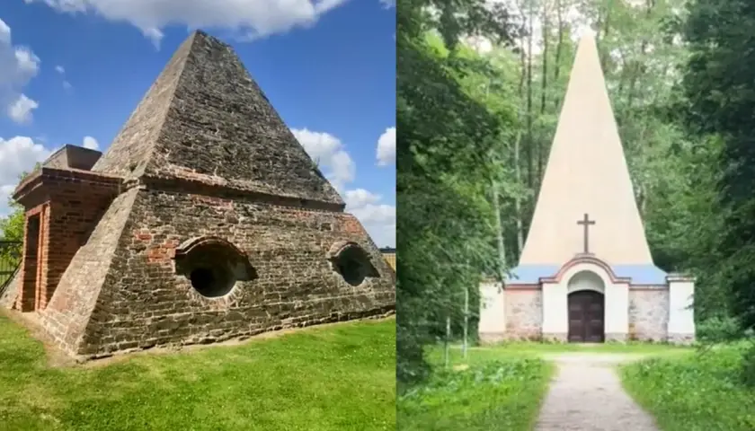 Dwie niezwykłe piramidy w Polsce: jedna kamienna z okrągłymi otworami, druga w lesie z krzyżem.