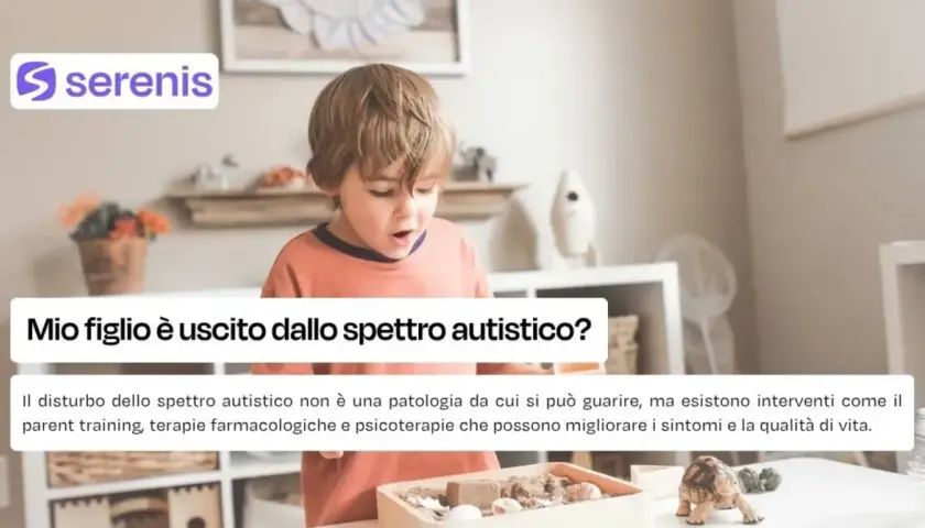 Bambino gioca, con testo che suggerisce che l'autismo si guarisce con interventi mirati.