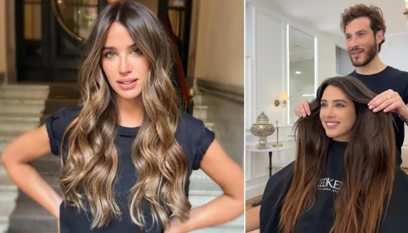 Cabello largo y ondulado con reflejos dorados, como besado por el sol. Un estilista ajusta su melena en un salón de belleza.