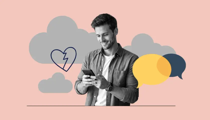 Uśmiechnięty mężczyzna patrzy na telefon, podczas gdy złamane serce i chmury symbolizują, że dziewczyna mnie zdradziła.
