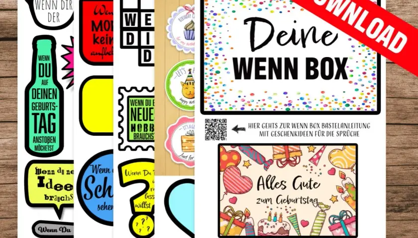 Bastelanleitung für eine "Deine Wenn Box" zum Selbermachen für Frauen, mit Sprüchen und Geschenkideen.
