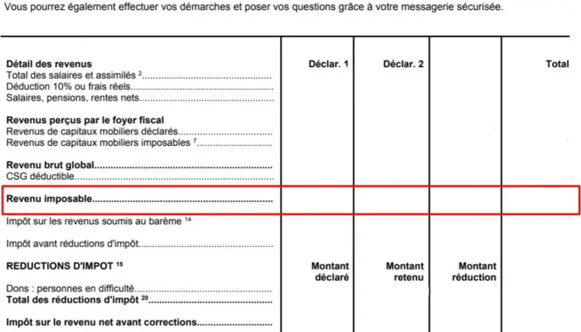 Extrait de fiche de paie montrant le revenu imposable, calculé après déductions.