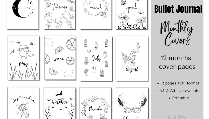 Diseños de bullet journal portada para cada mes, desde enero con luna hasta diciembre con antifaz.