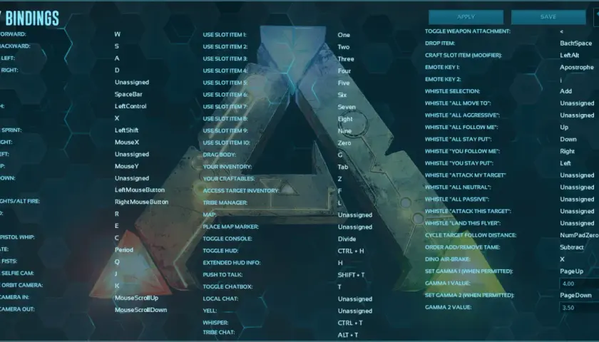 Ekran ustawień klawiszy w Ark Survival Evolved. Pozwala na dostosowanie sterowania, np. do poruszania się, używania przedmiotów czy wydawania komend zwierzętom.
