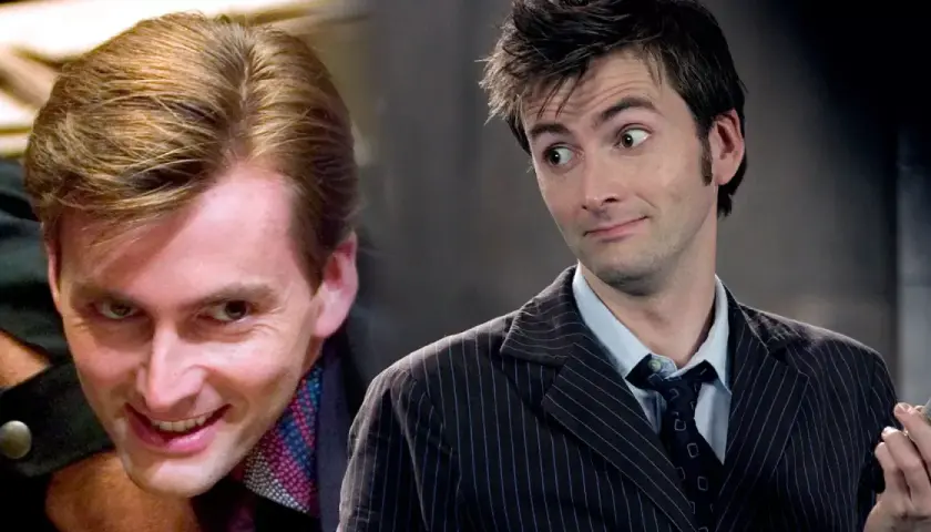 David Tennant, l'acteur du Docteur Who, dans deux expressions distinctes : une malicieuse et une autre plus contemplative, tenant son tournevis sonique.