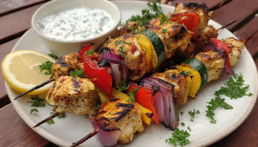 Saftiga kycklingspett grillade med paprika, lök och zucchini. Serveras med en fräsch yoghurtsås och citronklyfta.