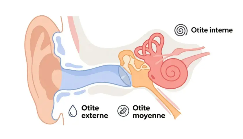 Schéma de l'oreille montrant l'otite externe, moyenne et interne. Une otite chez l'adulte peut affecter différentes parties de l'oreille.
