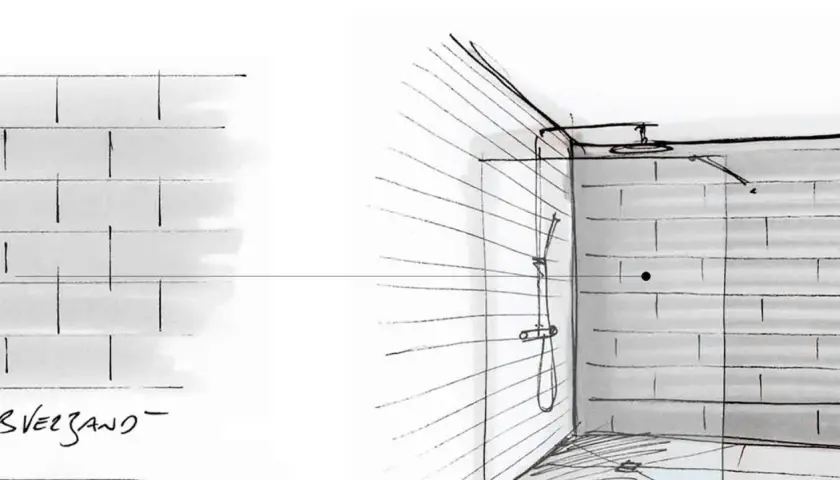 Schizzi di schemi posa piastrelle rettangolari per un bagno con doccia.