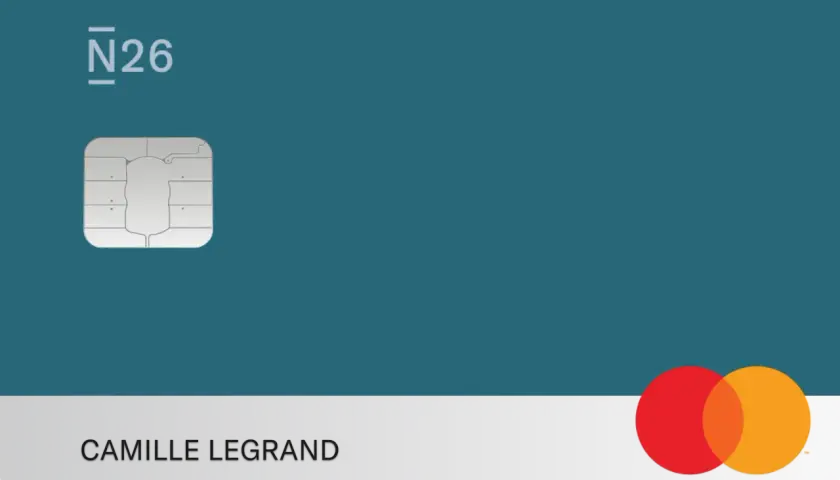 Carte N26 avec puce et nom "CAMILLE LEGRAND", logo Mastercard.