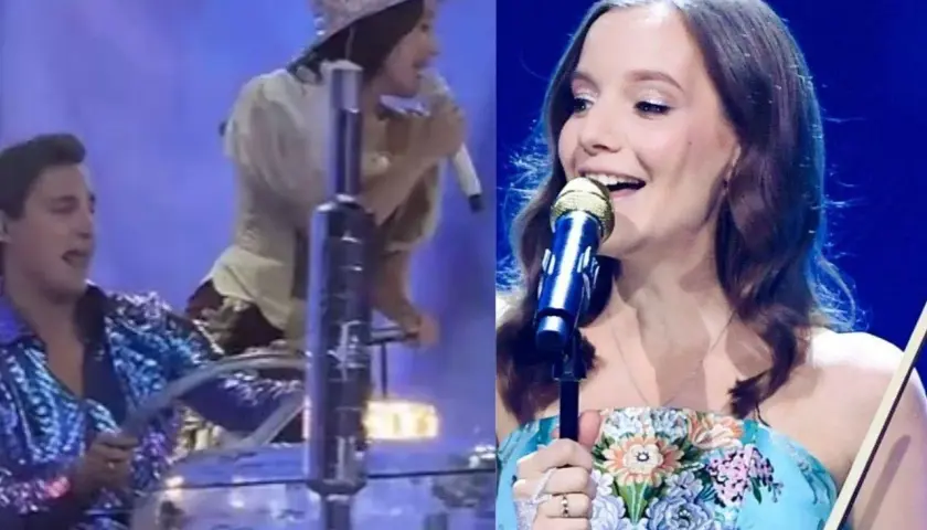 Sanah z mężem na scenie, ona śpiewa, on gra na instrumencie.