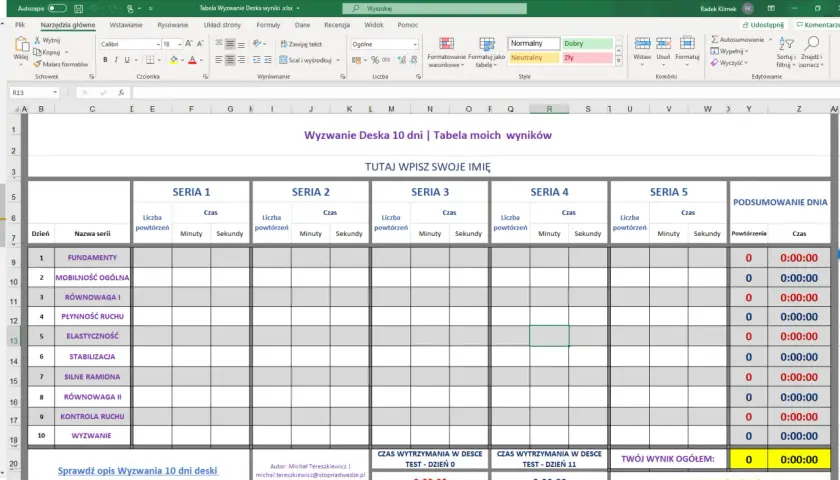 Tabela Excel do śledzenia postępów w wyzwaniu "Deska 10 dni". Zawiera kolumny na serie, powtórzenia i czas, pomagając w monitorowaniu treningu.