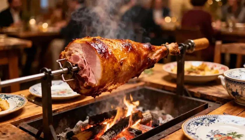 Un jambon de 10 kg rôti à la broche sur des braises ardentes, dégageant une vapeur alléchante. Le temps de cuisson parfait pour ce festin.