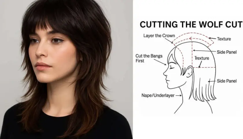 En kvinna med en modern wolf cut frisyr. Bredvid en illustration som visar hur man klipper en wolf cut.