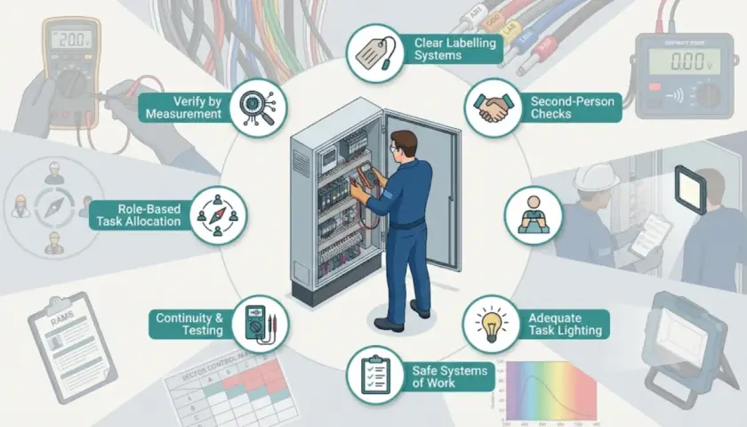 Ilustracja przedstawia elektryka pracującego przy panelu sterowania, z ikonami symbolizującymi bezpieczne procedury, takie jak weryfikacja pomiarami, jasne oznakowanie, kontrola dwuosobowa i odpowiednie oświetlenie. Różne **kolory faz** kabli są widocz...