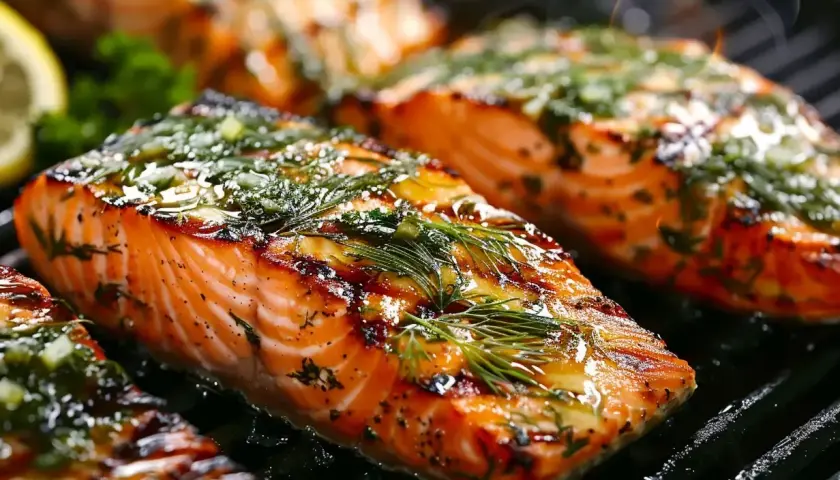 Saftiga bitar av lax som grillas med örter och citron. Doften av grillad lax sprider sig i köket.