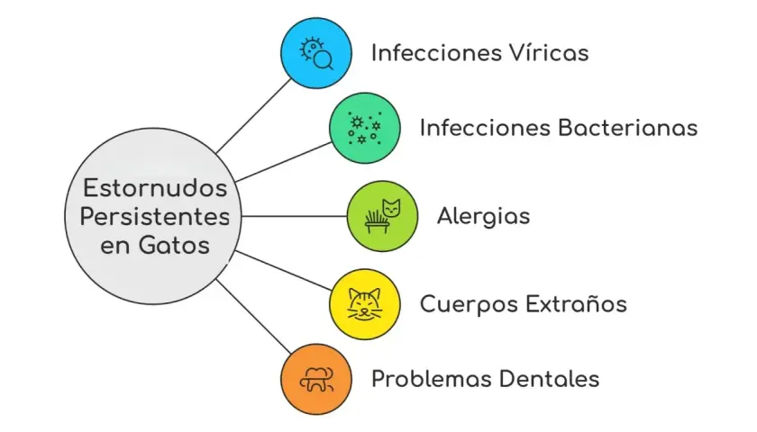 Diagrama de causas de estornudos persistentes en gatos: infecciones virales, bacterianas, alergias, cuerpos extraños y problemas dentales.