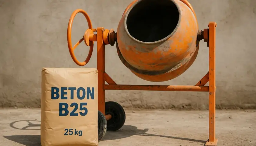 Pomarańczowa betoniarka i worek z napisem "BETON B25 25 kg". Różne rodzaje betonu czekają na przygotowanie.