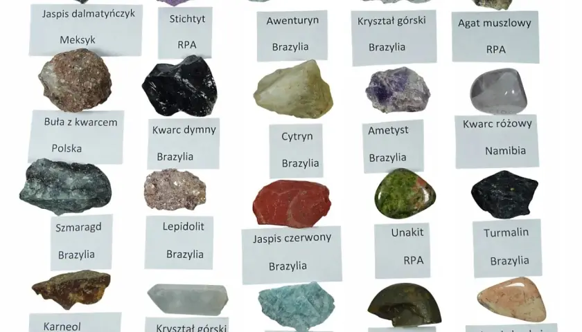 Kolekcja minerałów: jaspis dalmatyńczyk, stichtyt, awenturyn, kryształ górski, agat muszlowy, buła z kwarcem, kwarc dymny, cytryn, ametyst, kwarc różowy, szmaragd, lepidolit, jaspis czerwony, unakit, turmalin, karneol, kryształ górski, krzemień, jaspis...
