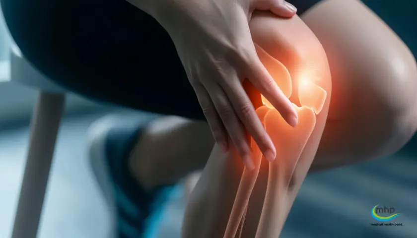 Eine Hand berührt ein Knie, das rot leuchtet, was auf knie schmerzen hindeutet.