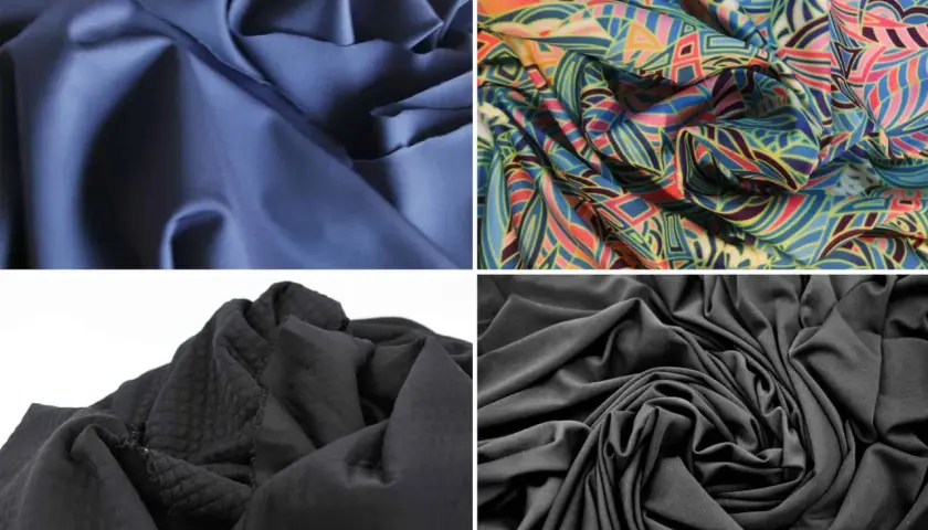 Four fabric swatches: navy blue, colorful geometric print, textured black, and smooth black. Discover the best fabric for workout clothes.