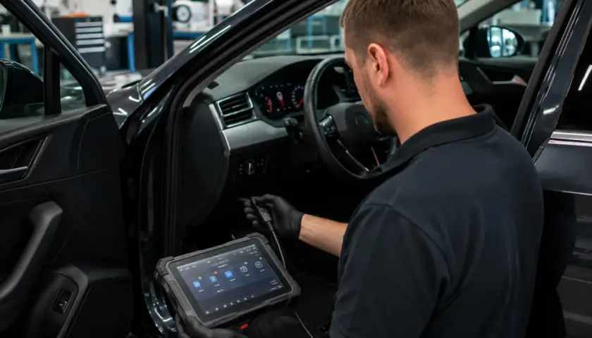Mechanik wykonuje diagnostykę komputerową samochodu, używając tabletu do analizy systemów pojazdu.