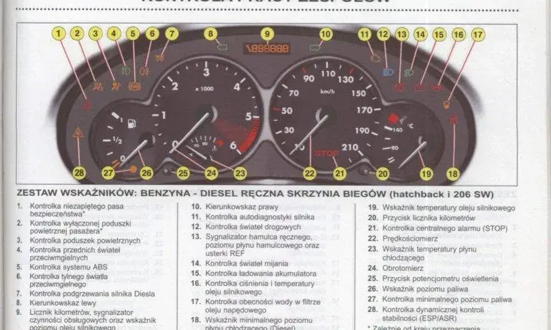 Kontrolki Peugeot 206: Interpretacja ikon na desce Peugeota 206