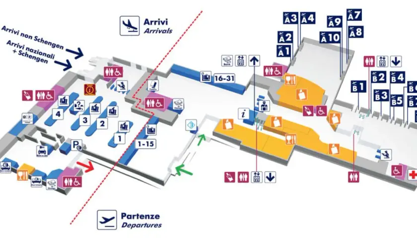 Plan de l'aéroport de Rome : Arrivées, départs, portes A et B, services et accès pour personnes à mobilité réduite.