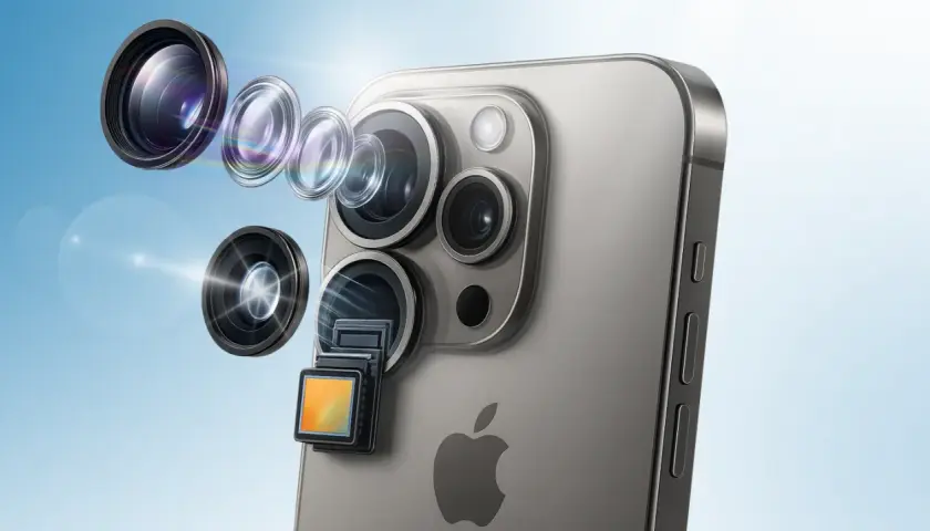 Rozłożony aparat iPhone 14 z soczewkami i sensorem na tle nieba.