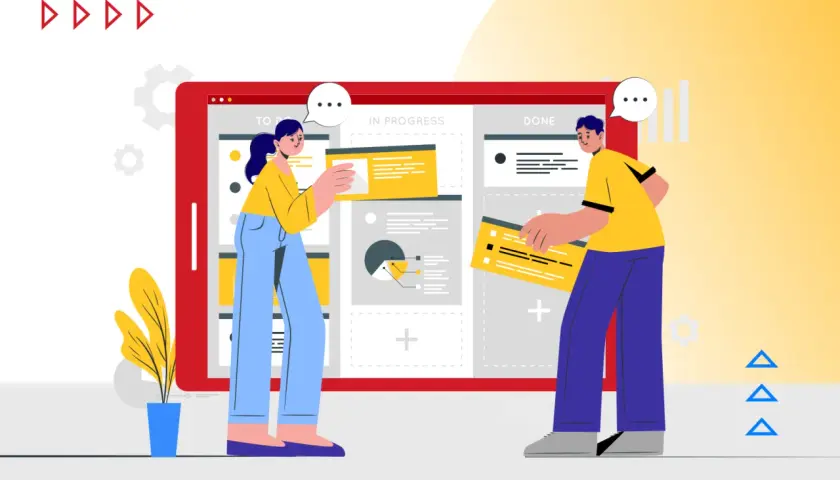 Ludzie zarządzają zadaniami na tablicy kanban. To pokazuje, kanban co to jest: wizualizacja postępu pracy.