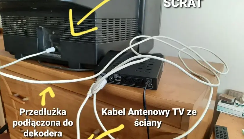 Jak podłączyć kabel antenowy do anteny: kabel antenowy TV ze ściany podłączony do dekodera, a przedłużka do telewizora. Brak wejścia SCART.