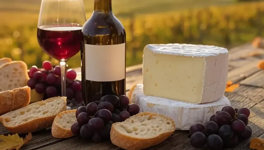 Un verre de vin rouge, une bouteille, du pain, des raisins et du fromage. La question est : que boire avec du fromage pour un moment parfait ?