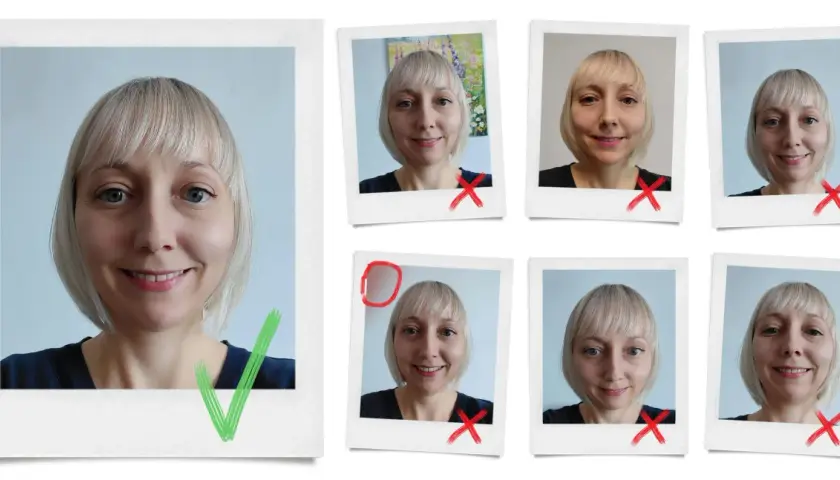 Kolekcja zdjęć: jedno z zielonym zaznaczeniem, pozostałe z czerwonymi krzyżykami. To autoportret fotografia, gdzie kobieta próbuje zrobić idealne zdjęcie.