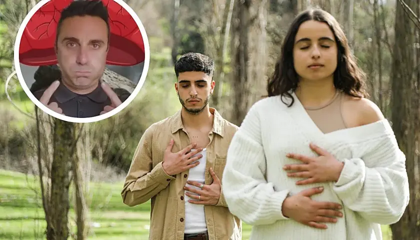 Un hombre y una mujer meditan en un bosque, con las manos en el pecho. Un círculo muestra un hombre con pulmones rojos, sugiriendo el mejor clima para los pulmones.