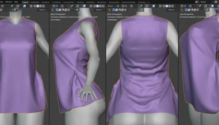 A 3D model of a purple dress on a mannequin, showing the flowing fabric and subtle side seams.