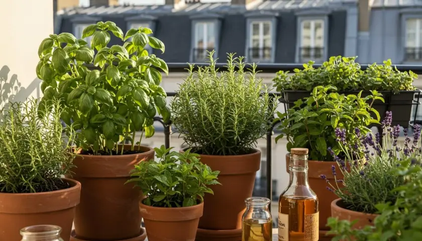 Un balcon parisien ensoleillé avec une belle exposition de basilic, romarin, menthe et lavande en pots, prêt pour la cuisine.
