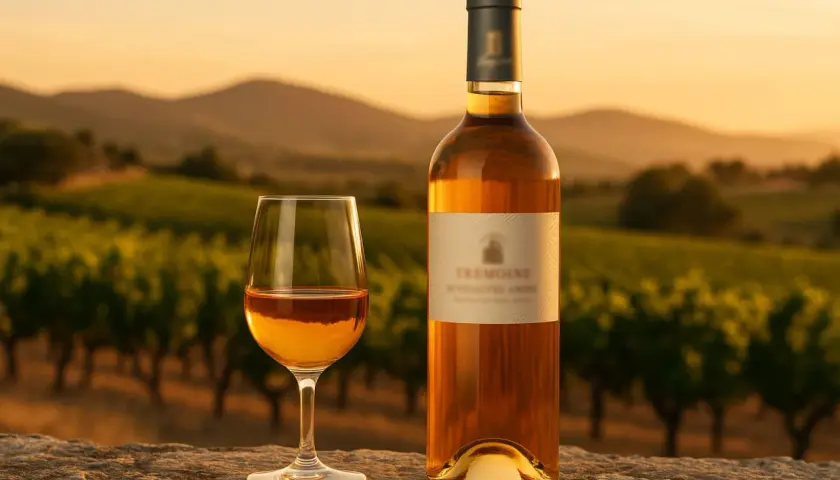 Verre et bouteille de Rivesaltes rosé sur un muret, avec des vignes et des collines au coucher du soleil.