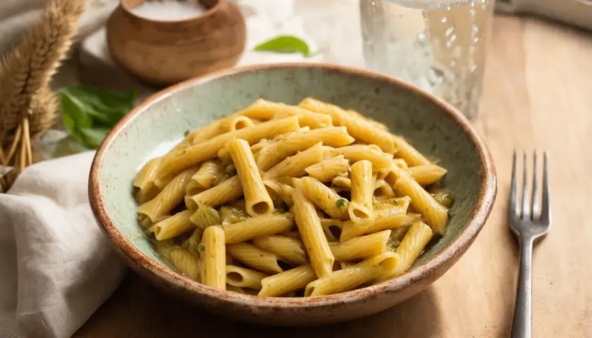 Penne z sosem pesto, idealnie ugotowane makaron aldente, podane w misce z widelcem i szklanką wody.