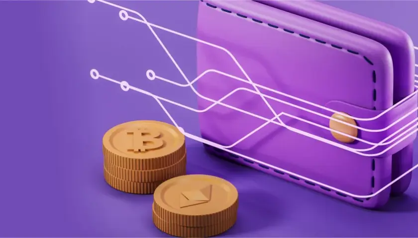 Fioletowy portfel z monetami Bitcoin i Ethereum, symbolizujący cyfrowe finanse. Skrill co to? To miejsce, gdzie Twoje kryptowaluty są bezpieczne.