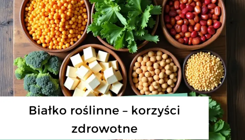Miseczki z soczewicą, fasolą, ciecierzycą, tofu, brokułami i innymi roślinnymi źródłami białka.