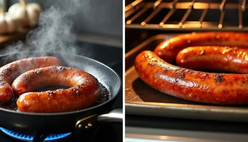 Saucisses andouillettes grésillant dans une poêle et au four, dégageant une vapeur appétissante.